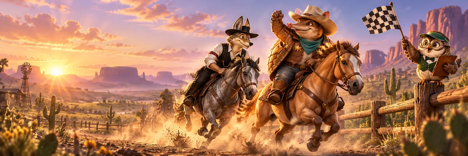 Armadillo and coyote racing horses past an owl waving a chequered flag
