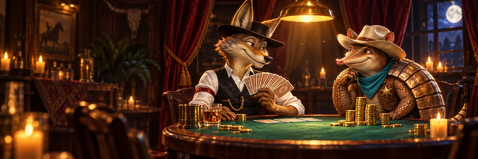 Coyote and armadillo facing off over a candlelit poker table