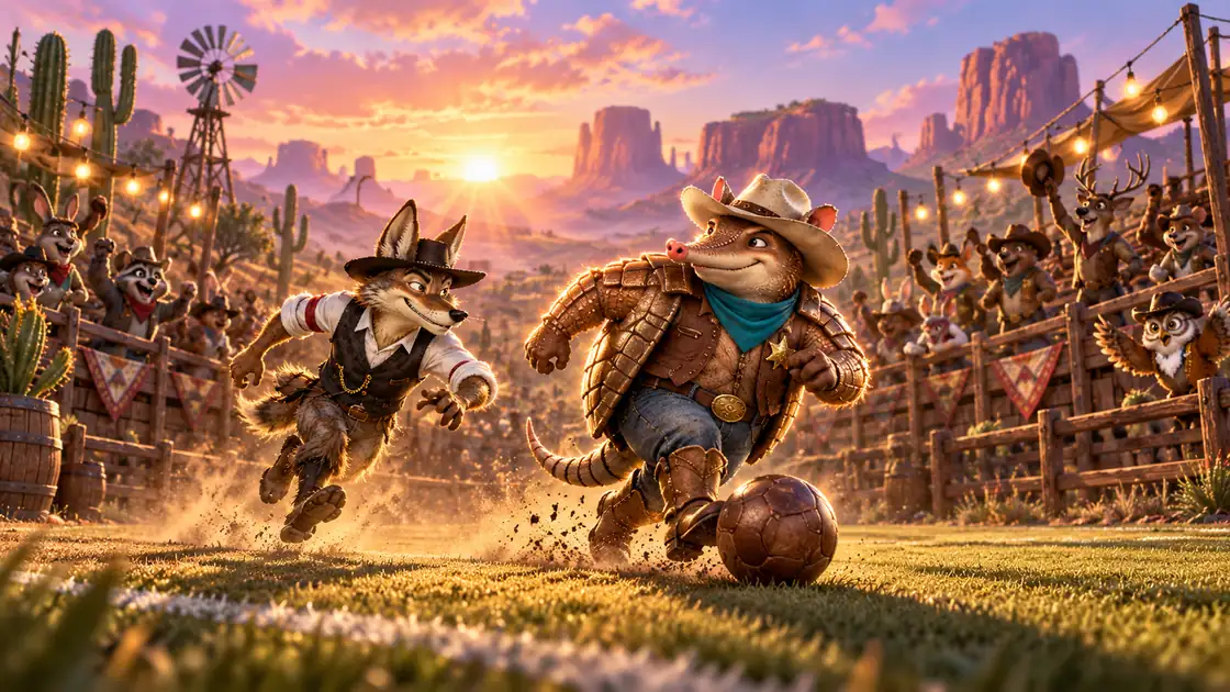 Armadillo and coyote chasing a leather football across a canyon arena