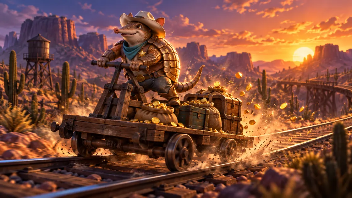 Armadillo cowboy racing a railway handcar loaded with sacks of gold