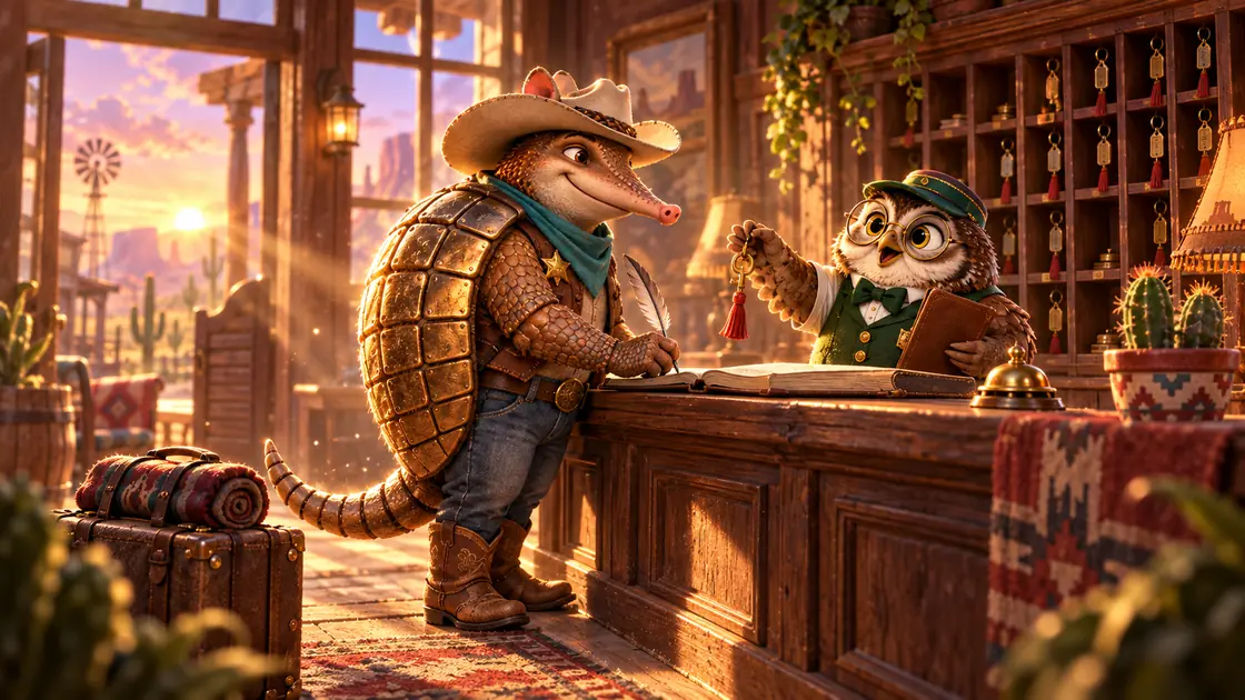 Armadillo cowboy signing a hotel register while an owl clerk hands over a room key