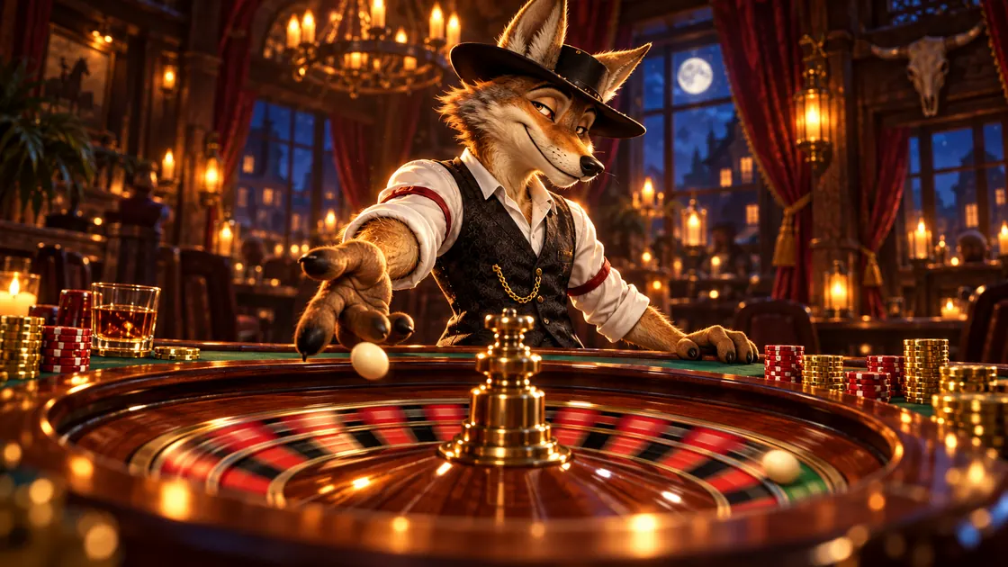 Coyote croupier spinning a roulette wheel in a candlelit saloon
