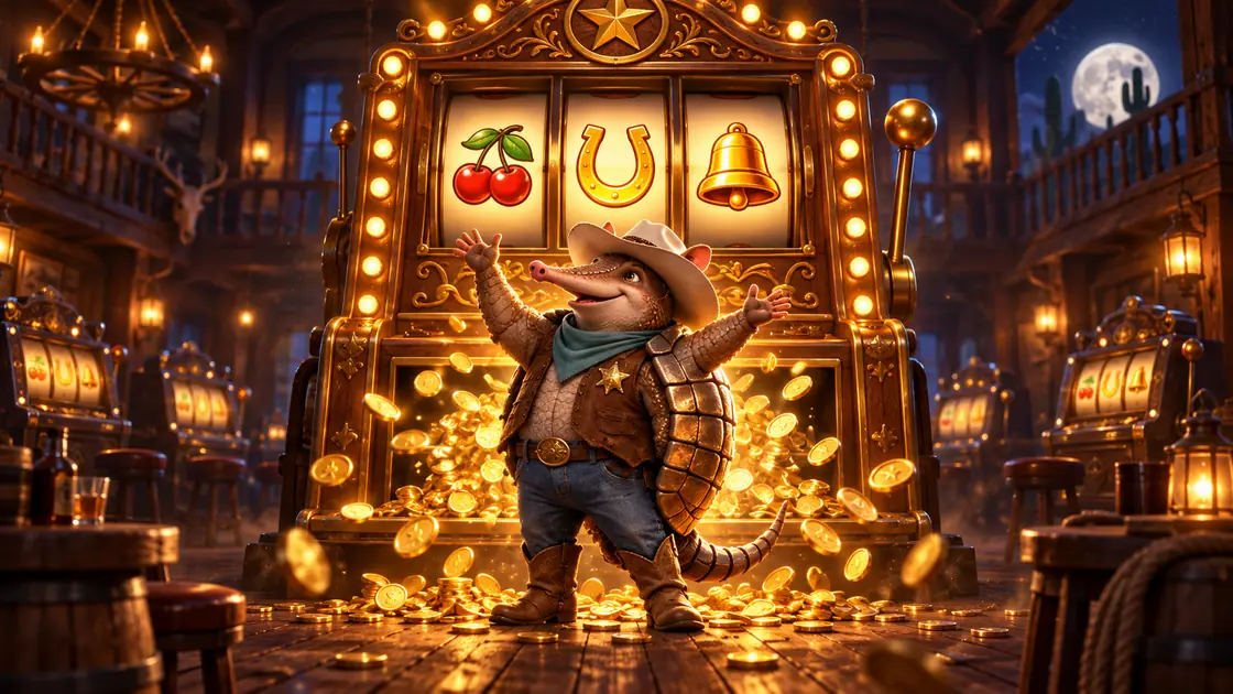 Armadillo cowboy celebrating in front of a saloon slot machine spilling gold coins