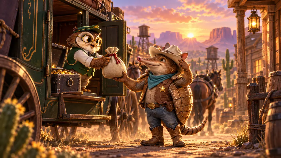 Owl clerk handing a money bag from a stagecoach to an armadillo cowboy