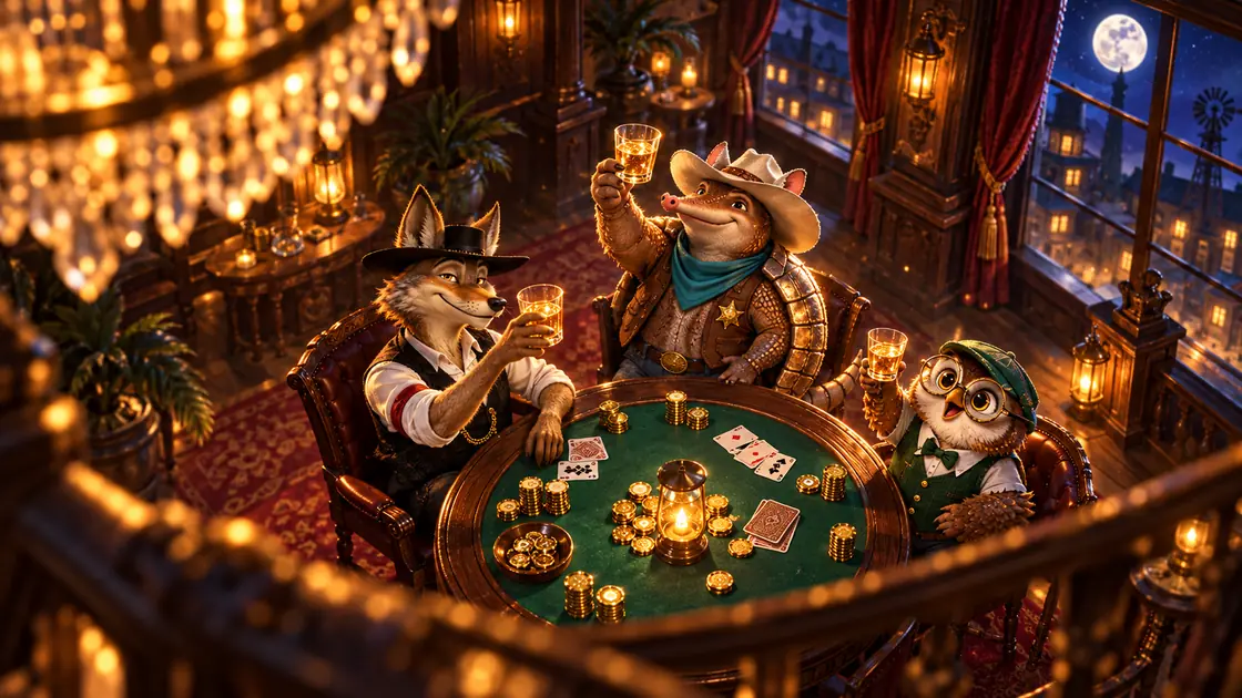 Coyote, armadillo and owl raising glasses over a private card table